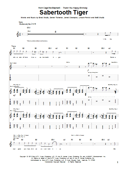 Download Cage The Elephant Sabertooth Tiger Sheet Music and learn how to play Guitar Tab PDF digital score in minutes