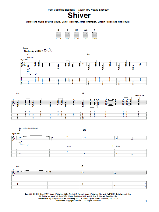 Download Cage The Elephant Shiver Sheet Music and learn how to play Guitar Tab PDF digital score in minutes