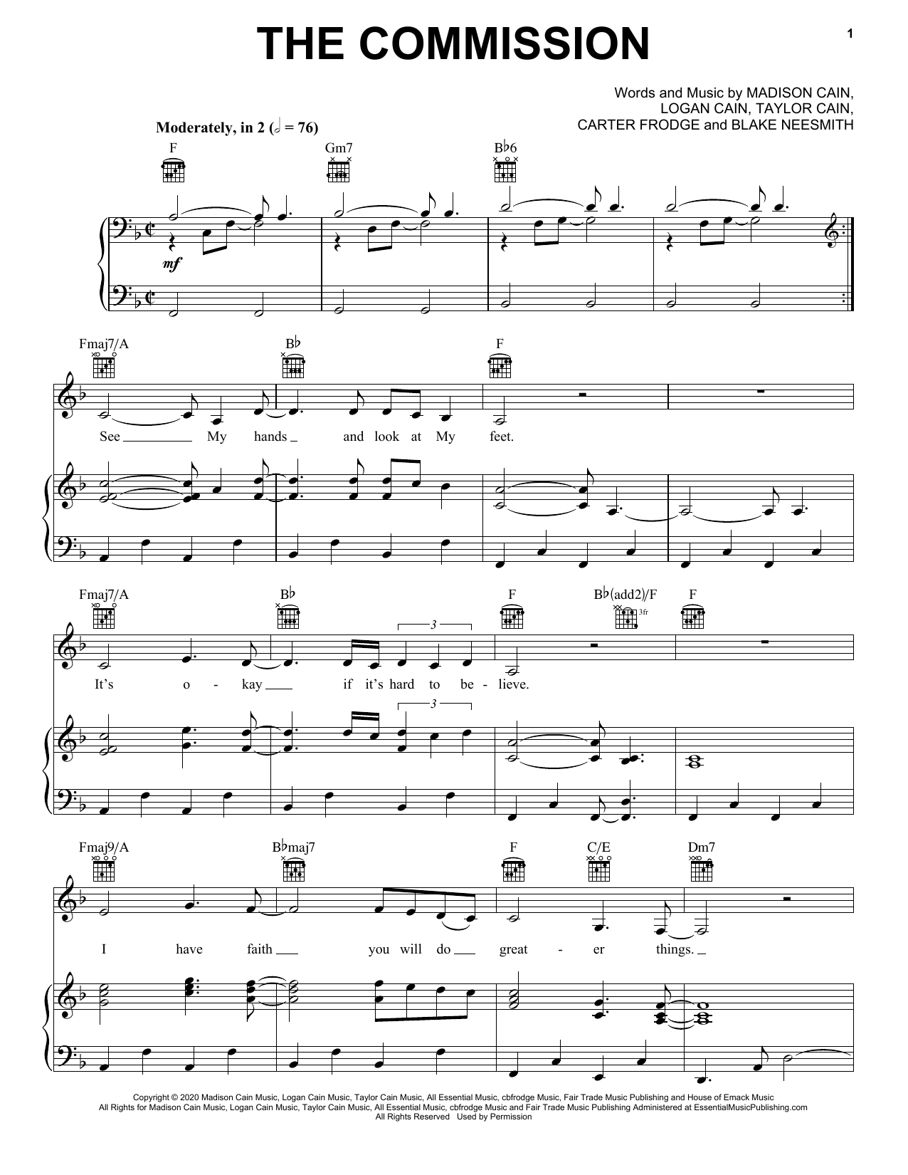 Download CAIN The Commission Sheet Music and learn how to play Piano, Vocal & Guitar Chords (Right-Hand Melody) PDF digital score in minutes