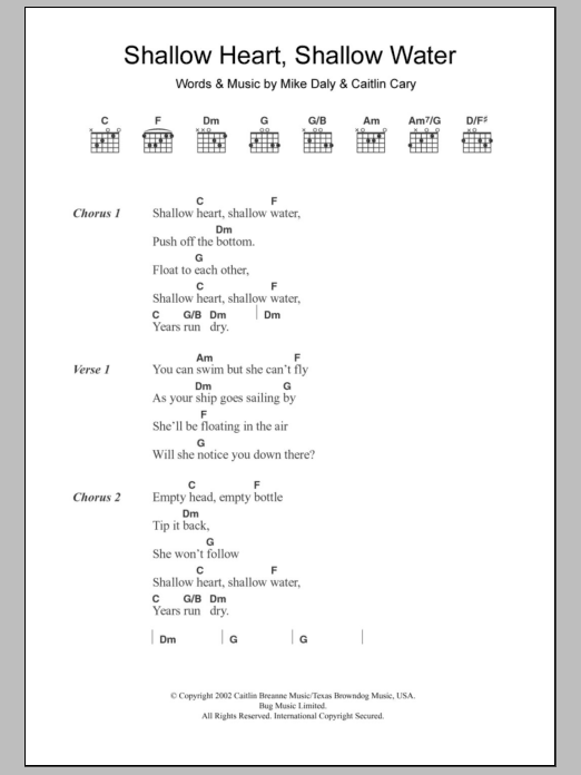 Download Caitlin Cary Shallow Heart, Shallow Water Sheet Music and learn how to play Lyrics & Chords PDF digital score in minutes