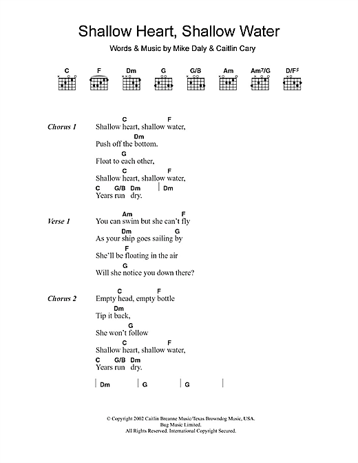 Download Caitlin Cary Shallow Heart, Shallow Water Sheet Music and learn how to play Lyrics & Chords PDF digital score in minutes