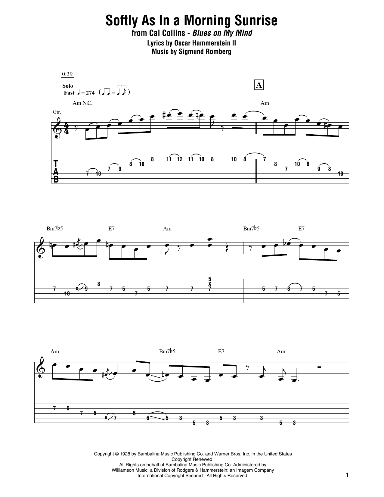 Download Cal Collins Softly As In A Morning Sunrise Sheet Music and learn how to play Electric Guitar Transcription PDF digital score in minutes