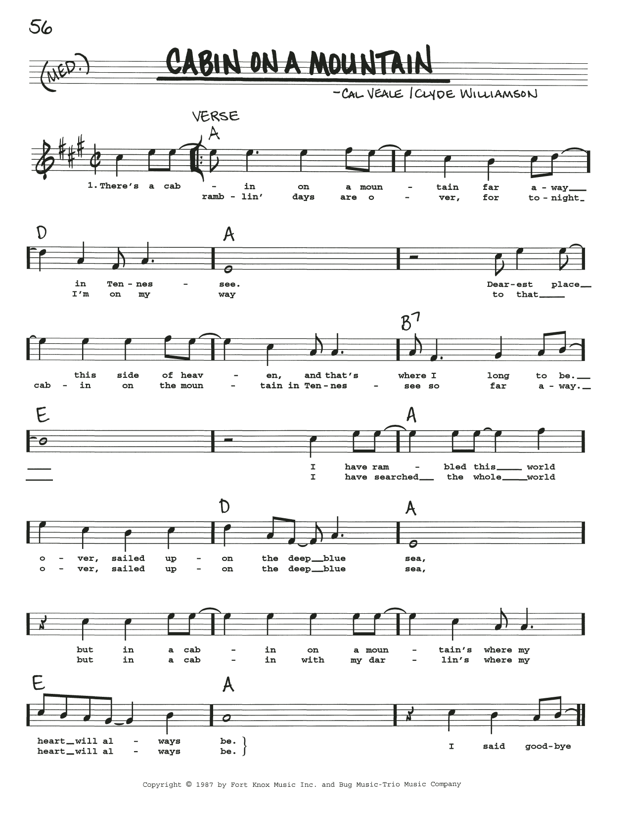 Download Cal Veale Cabin On A Mountain Sheet Music and learn how to play Real Book – Melody, Lyrics & Chords PDF digital score in minutes