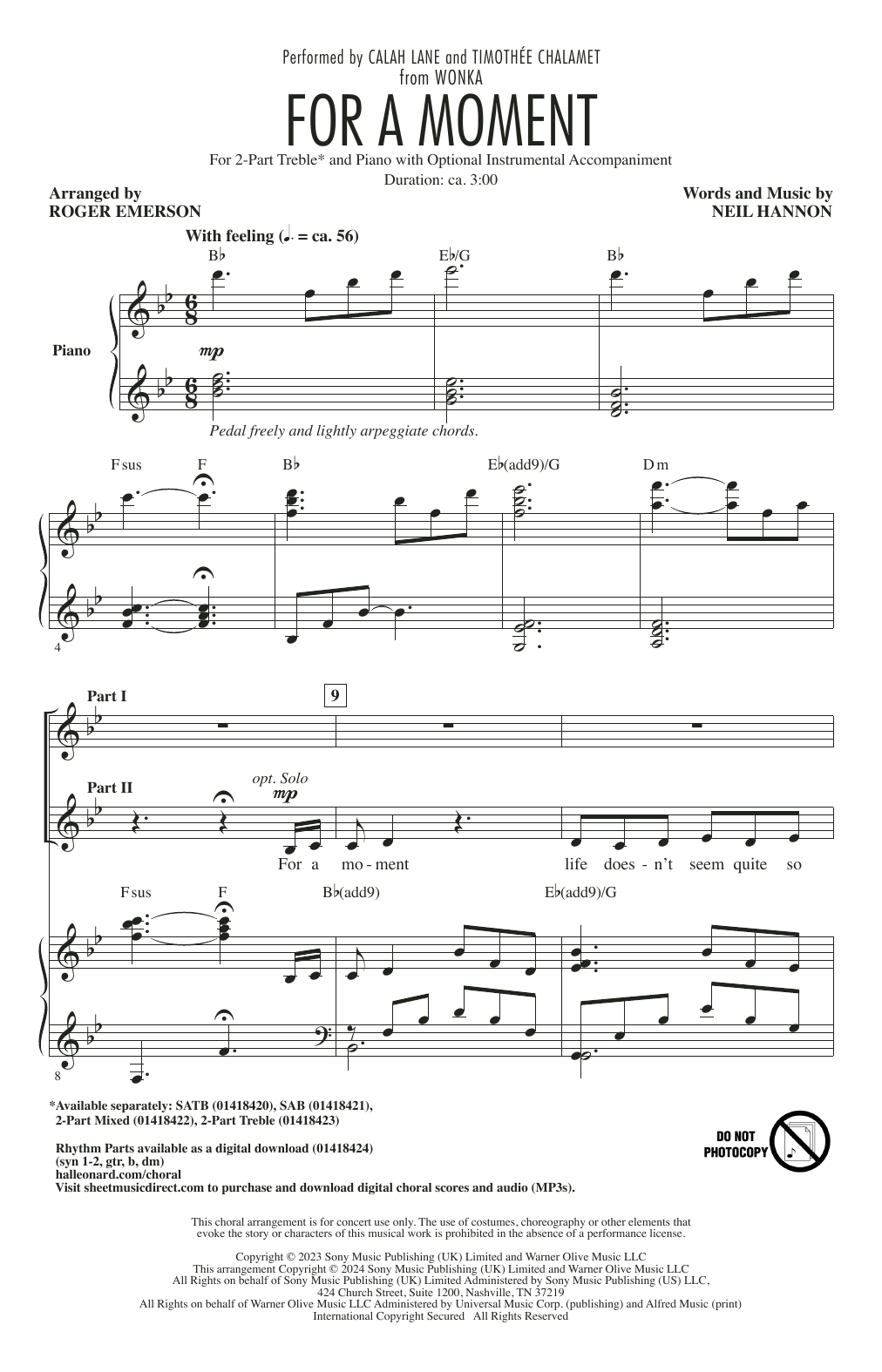 Download Calah Lane & Timothée Chalamet For A Moment (from Wonka) (arr. Roger Emerson) Sheet Music and learn how to play SAB Choir PDF digital score in minutes