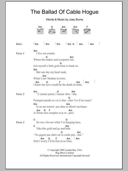 Download Calexico The Ballad Of Cable Hogue Sheet Music and learn how to play Lyrics & Chords PDF digital score in minutes