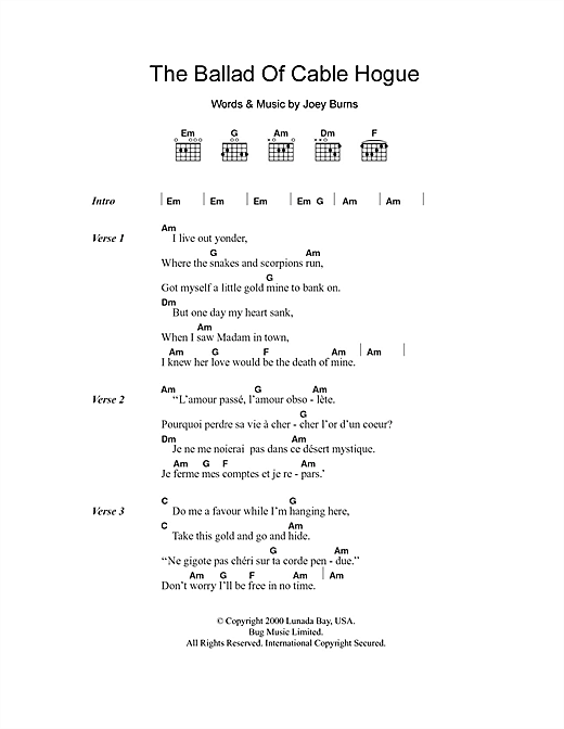 Download Calexico The Ballad Of Cable Hogue Sheet Music and learn how to play Lyrics & Chords PDF digital score in minutes