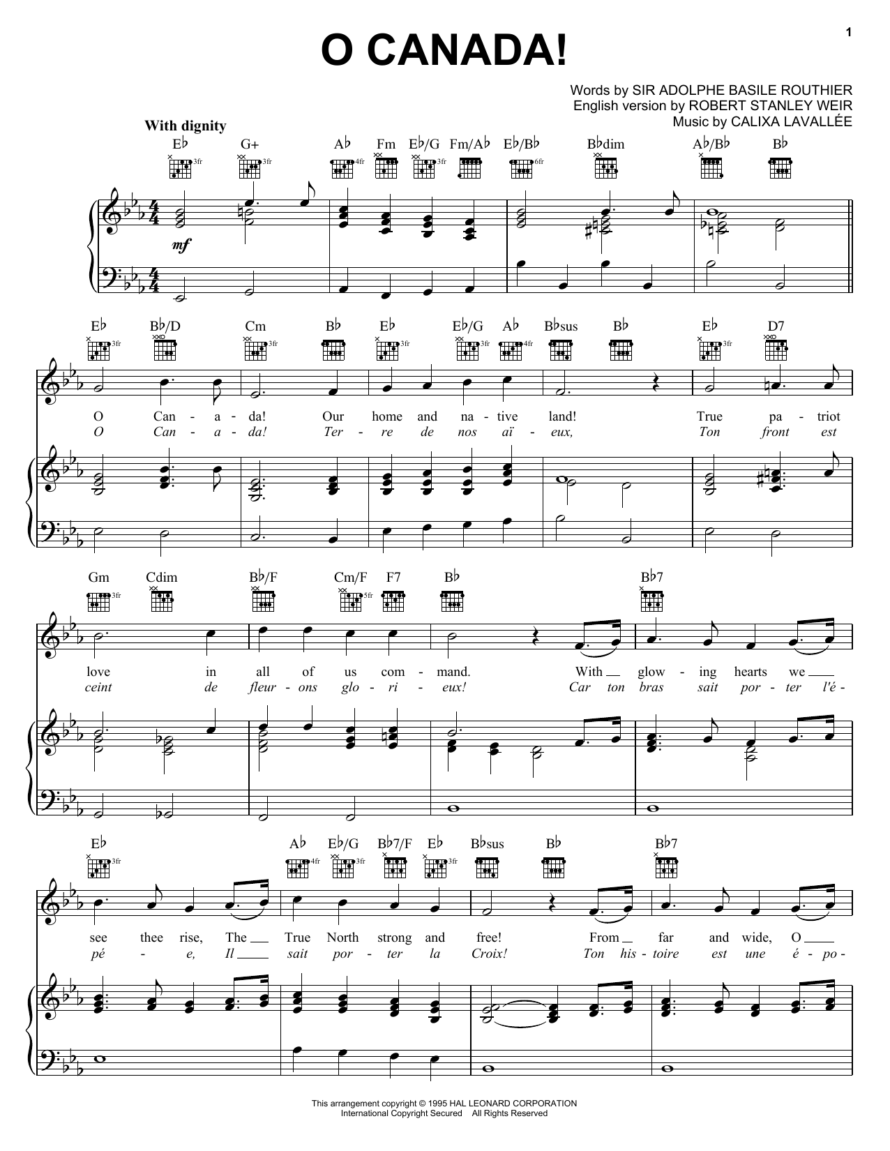 Download Calixa Lavallee O Canada! Sheet Music and learn how to play Piano, Vocal & Guitar (Right-Hand Melody) PDF digital score in minutes