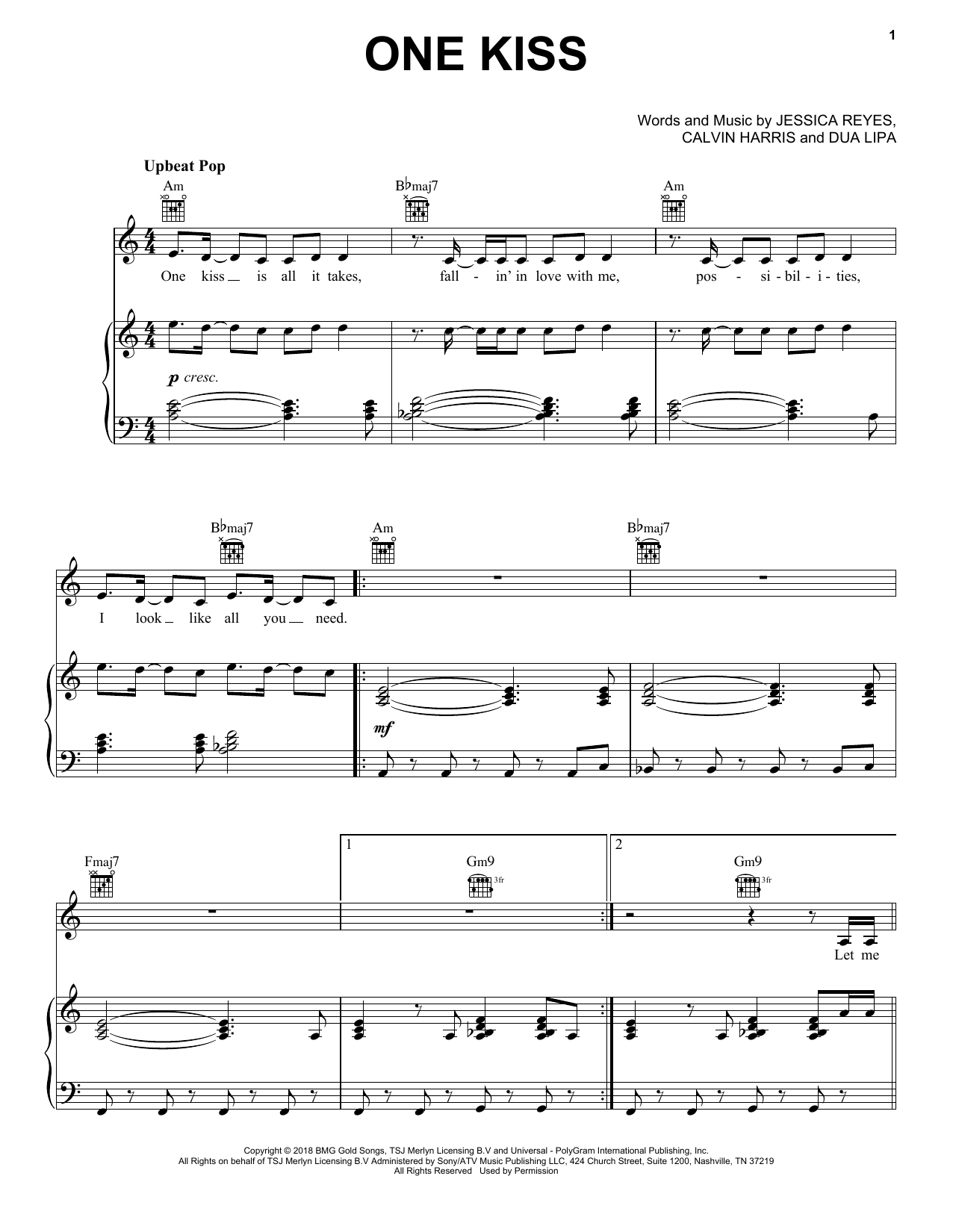 Download Calvin Harris & Dua Lipa One Kiss Sheet Music and learn how to play Really Easy Piano PDF digital score in minutes