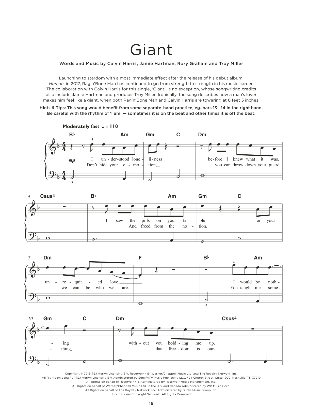 Download Calvin Harris & Rag 'n' Bone Man Giant Sheet Music and learn how to play Really Easy Piano PDF digital score in minutes