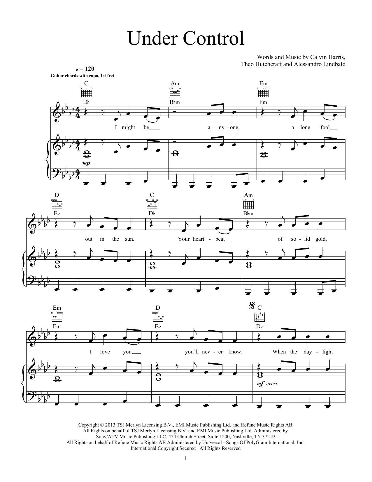 Download Calvin Harris and Alesso Under Control (feat. Hurts) Sheet Music and learn how to play Piano, Vocal & Guitar Chords (Right-Hand Melody) PDF digital score in minutes