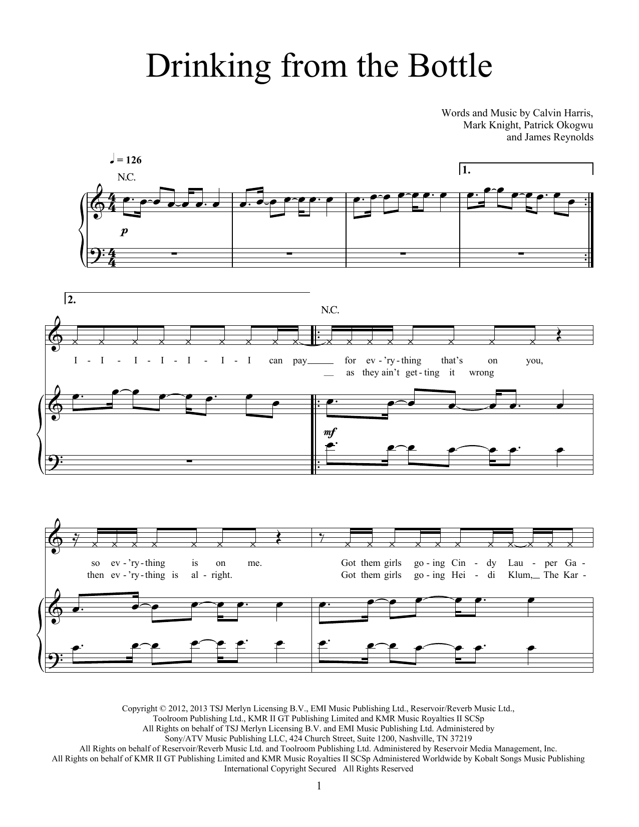 Download Calvin Harris Drinking From The Bottle (feat. Tinie Tempah) Sheet Music and learn how to play Piano, Vocal & Guitar Chords (Right-Hand Melody) PDF digital score in minutes