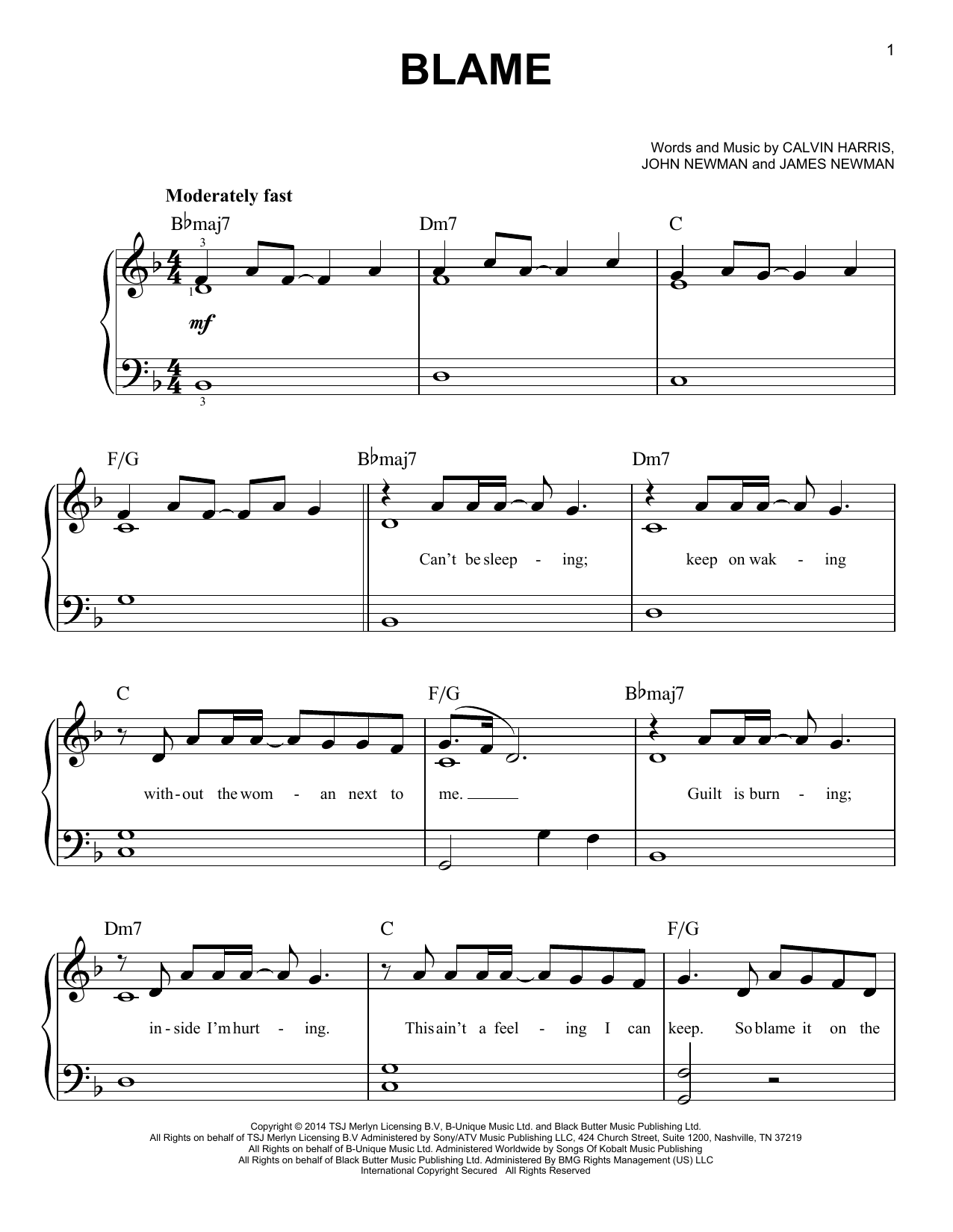 Download Calvin Harris Blame (feat. John Newman) Sheet Music and learn how to play Easy Piano PDF digital score in minutes