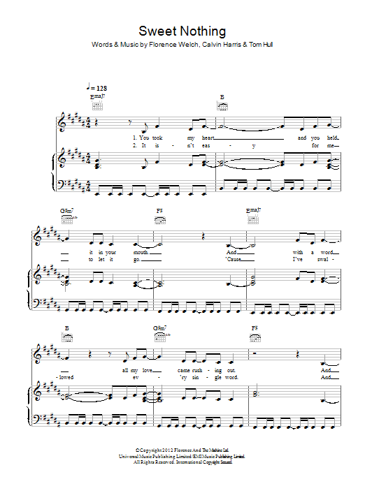 Download Calvin Harris Sweet Nothing (feat. Florence Welch) Sheet Music and learn how to play Piano, Vocal & Guitar (Right-Hand Melody) PDF digital score in minutes