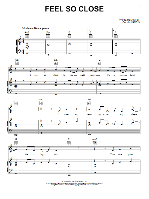 Download Calvin Harris Feel So Close Sheet Music and learn how to play Piano, Vocal & Guitar (Right-Hand Melody) PDF digital score in minutes