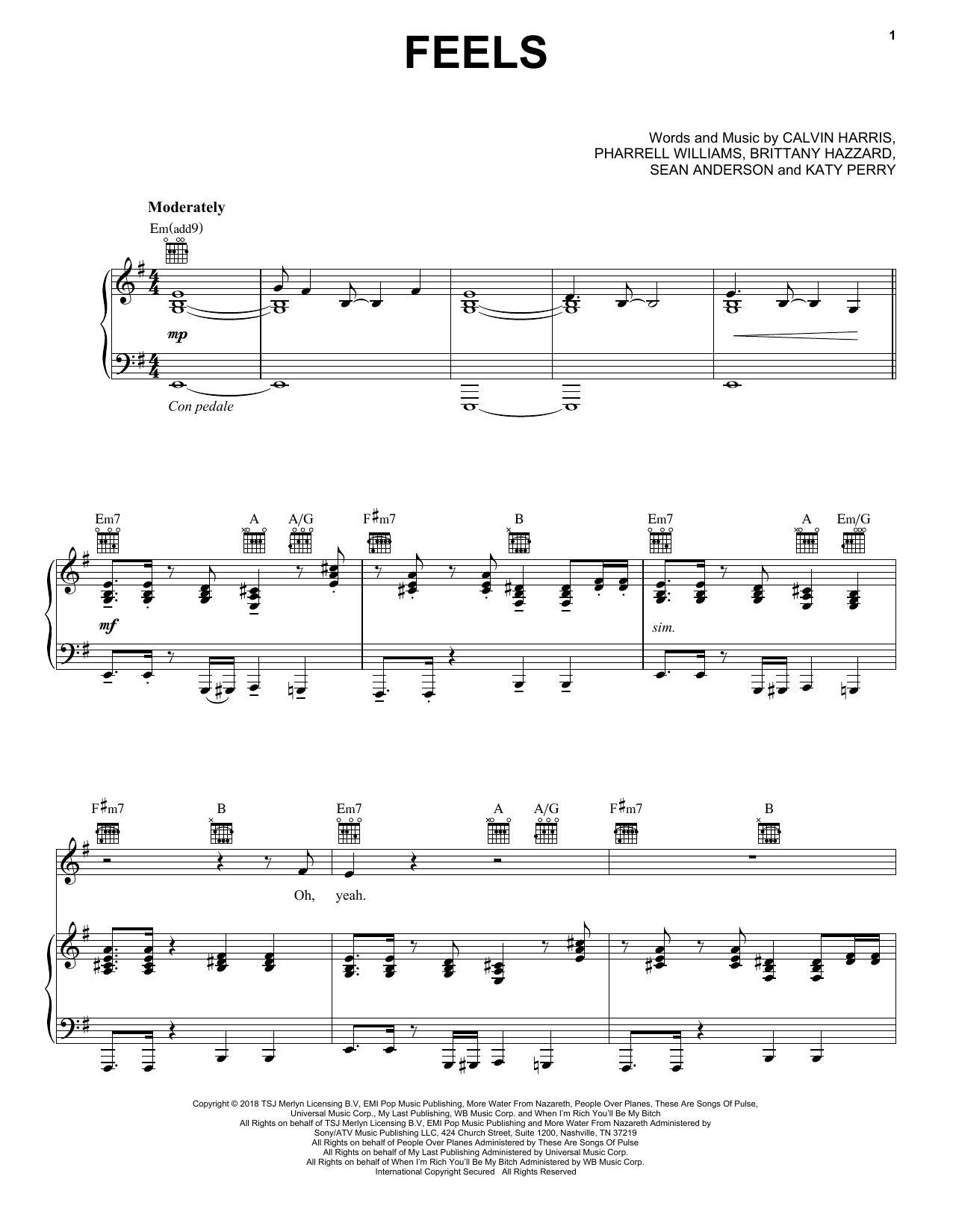 Download Calvin Harris Feels (feat. Pharrell Williams, Katy Perry & Big Sean) Sheet Music and learn how to play Easy Bass Tab PDF digital score in minutes