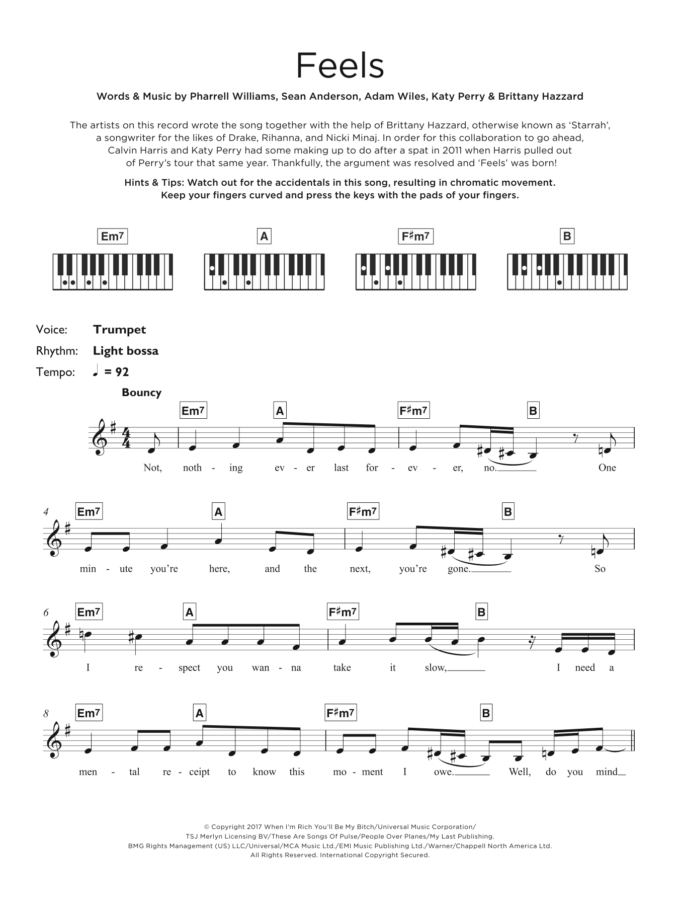 Download Calvin Harris Feels (feat. Pharrell Williams) Sheet Music and learn how to play Piano, Vocal & Guitar (Right-Hand Melody) PDF digital score in minutes