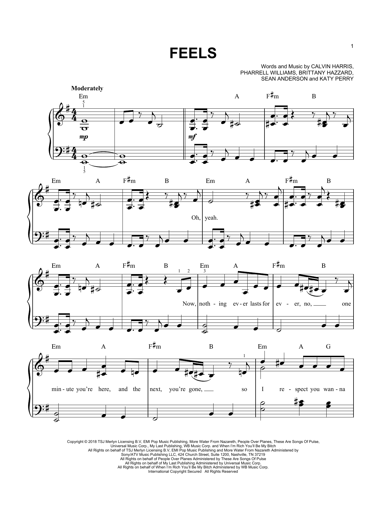 Download Calvin Harris Feels (feat. Pharrell Williams, Katy Perry & Big Sean) Sheet Music and learn how to play Easy Piano PDF digital score in minutes