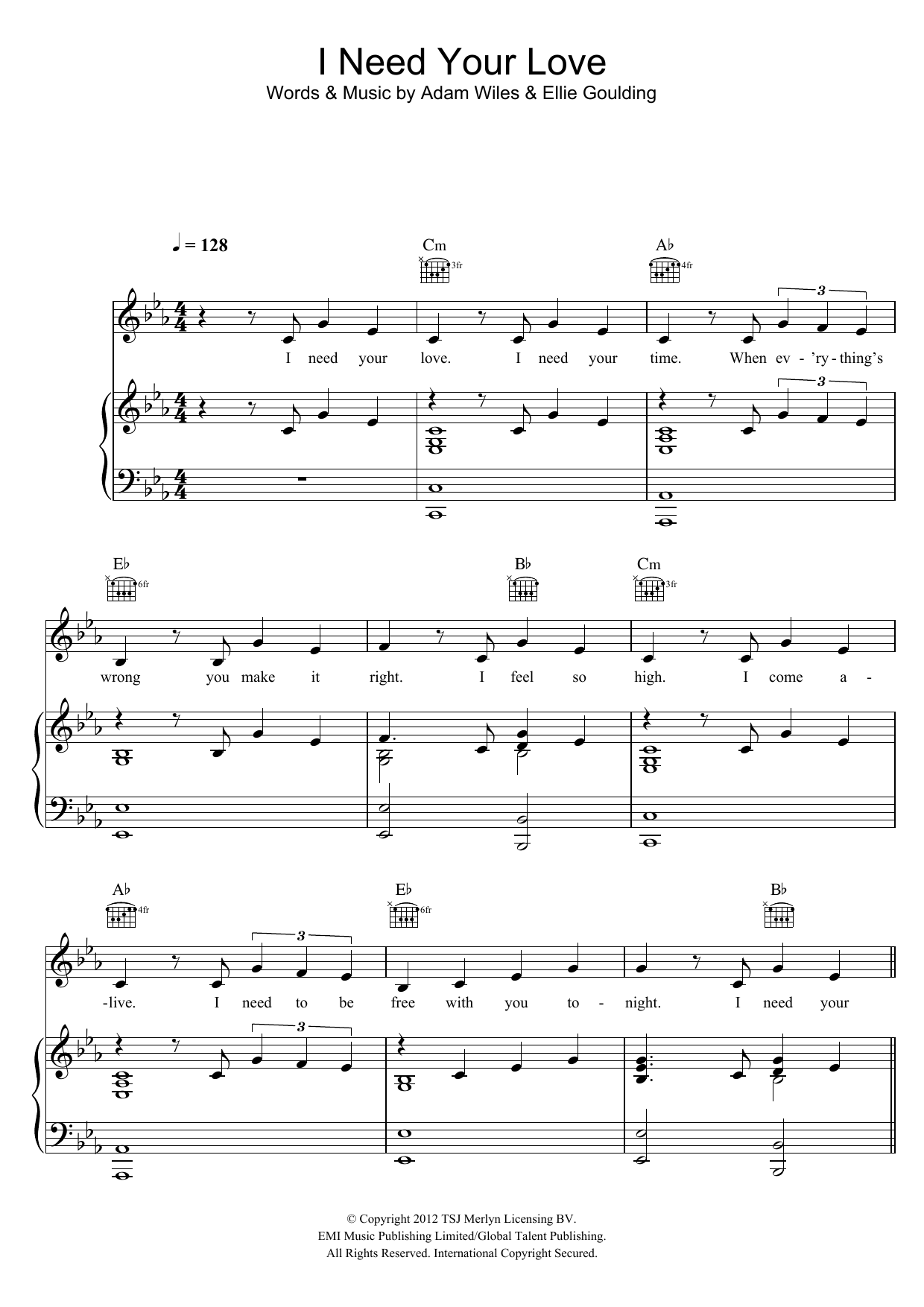 Download Calvin Harris I Need Your Love (feat. Ellie Goulding) Sheet Music and learn how to play Piano, Vocal & Guitar (Right-Hand Melody) PDF digital score in minutes