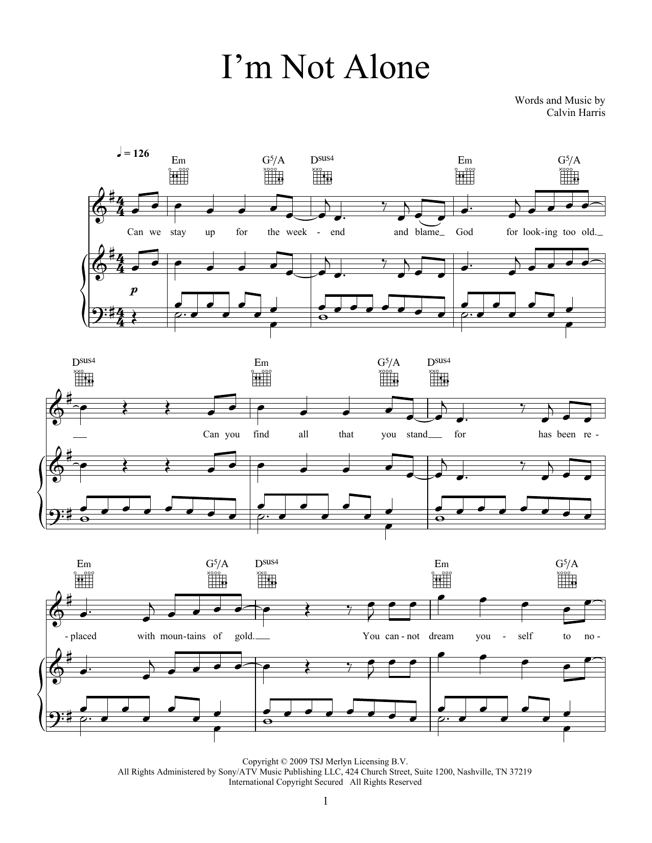 Download Calvin Harris I'm Not Alone Sheet Music and learn how to play Piano, Vocal & Guitar Chords (Right-Hand Melody) PDF digital score in minutes