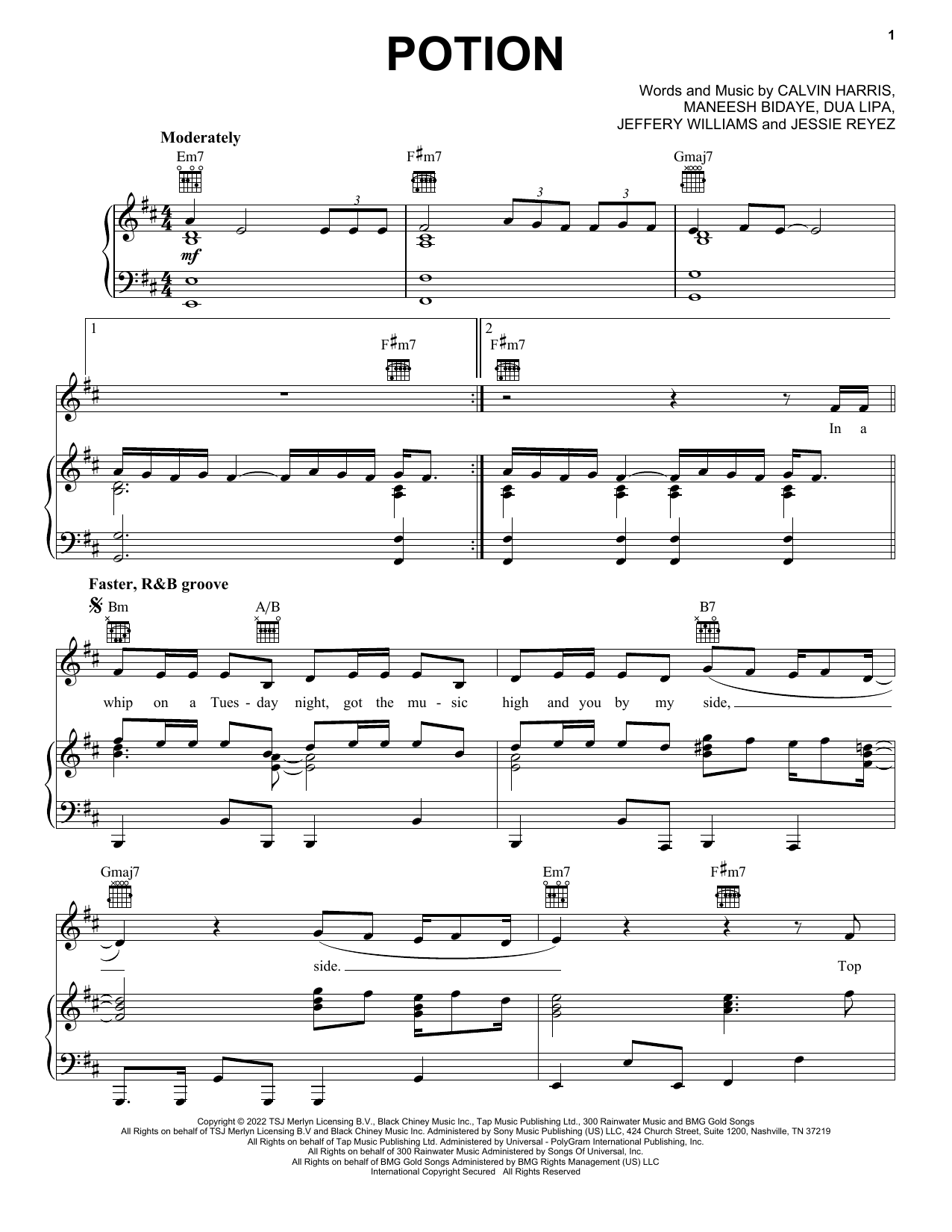 Download Calvin Harris Potion (with Dua Lipa & Young Thug) Sheet Music and learn how to play Piano, Vocal & Guitar Chords (Right-Hand Melody) PDF digital score in minutes
