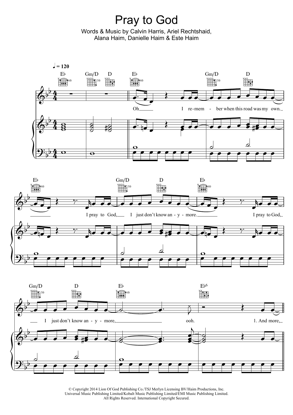 Download Calvin Harris Pray To God (feat. Haim) Sheet Music and learn how to play Piano, Vocal & Guitar (Right-Hand Melody) PDF digital score in minutes