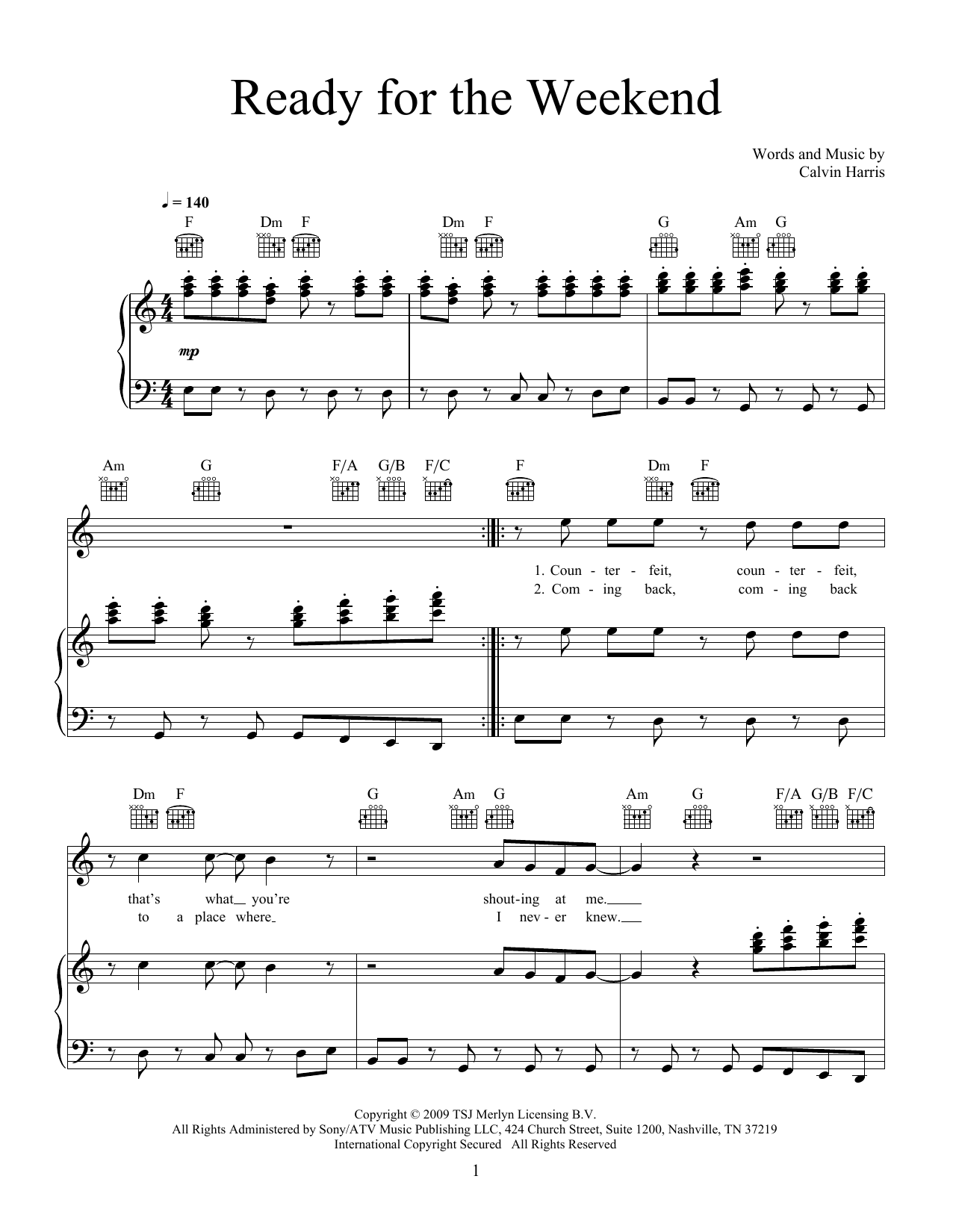 Download Calvin Harris Ready For The Weekend Sheet Music and learn how to play Piano, Vocal & Guitar Chords (Right-Hand Melody) PDF digital score in minutes