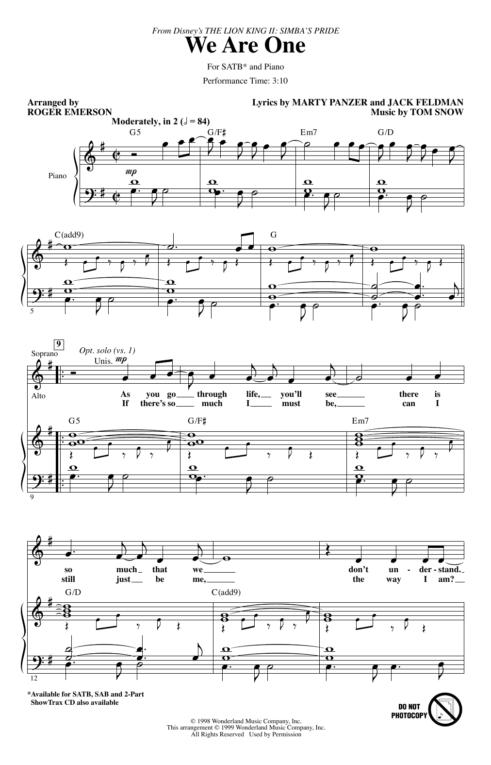 Download Cam Clarke & Charity Sanoy We Are One (from The Lion King II: Simba's Pride) (arr. Roger Emerson) Sheet Music and learn how to play 2-Part Choir PDF digital score in minutes