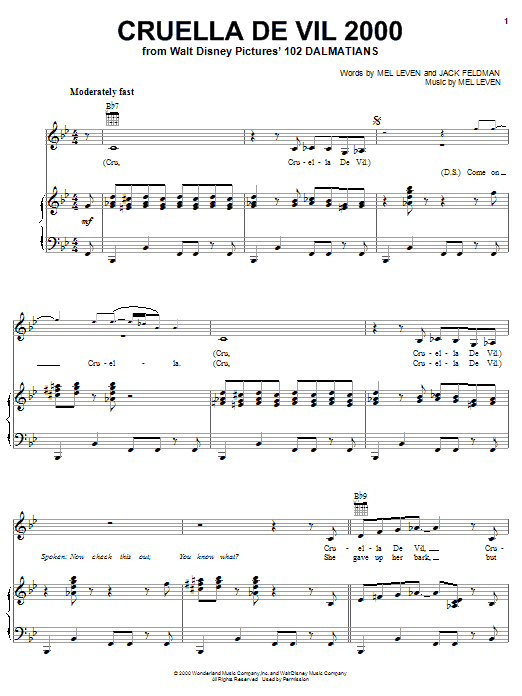 Download Camara Kambon Cruella De Vil 2000 Sheet Music and learn how to play Piano, Vocal & Guitar (Right-Hand Melody) PDF digital score in minutes