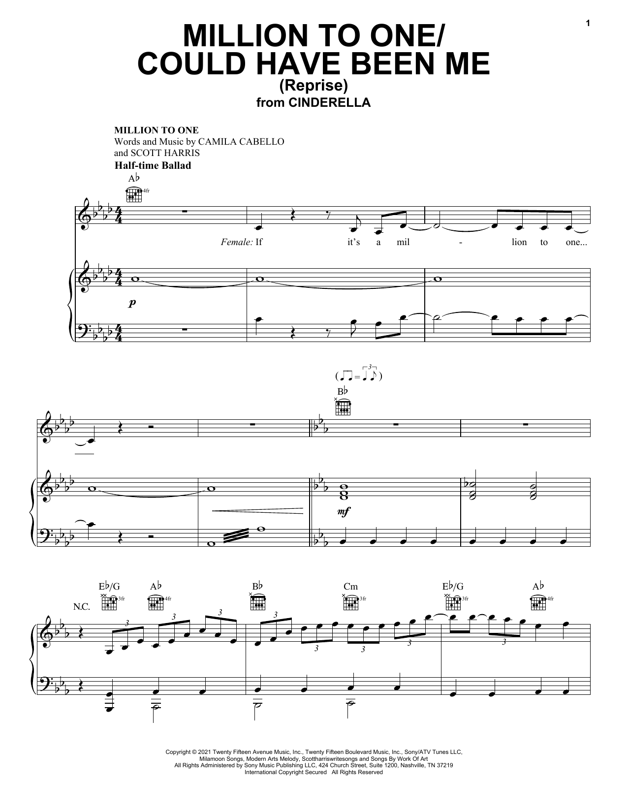 Download Camila Cabello and Nicholas Galitzine Million To One / Could Have Been Me (Reprise) (from the Amazon Original Movie Ci Sheet Music and learn how to play Piano, Vocal & Guitar Chords (Right-Hand Melody) PDF digital score in minutes