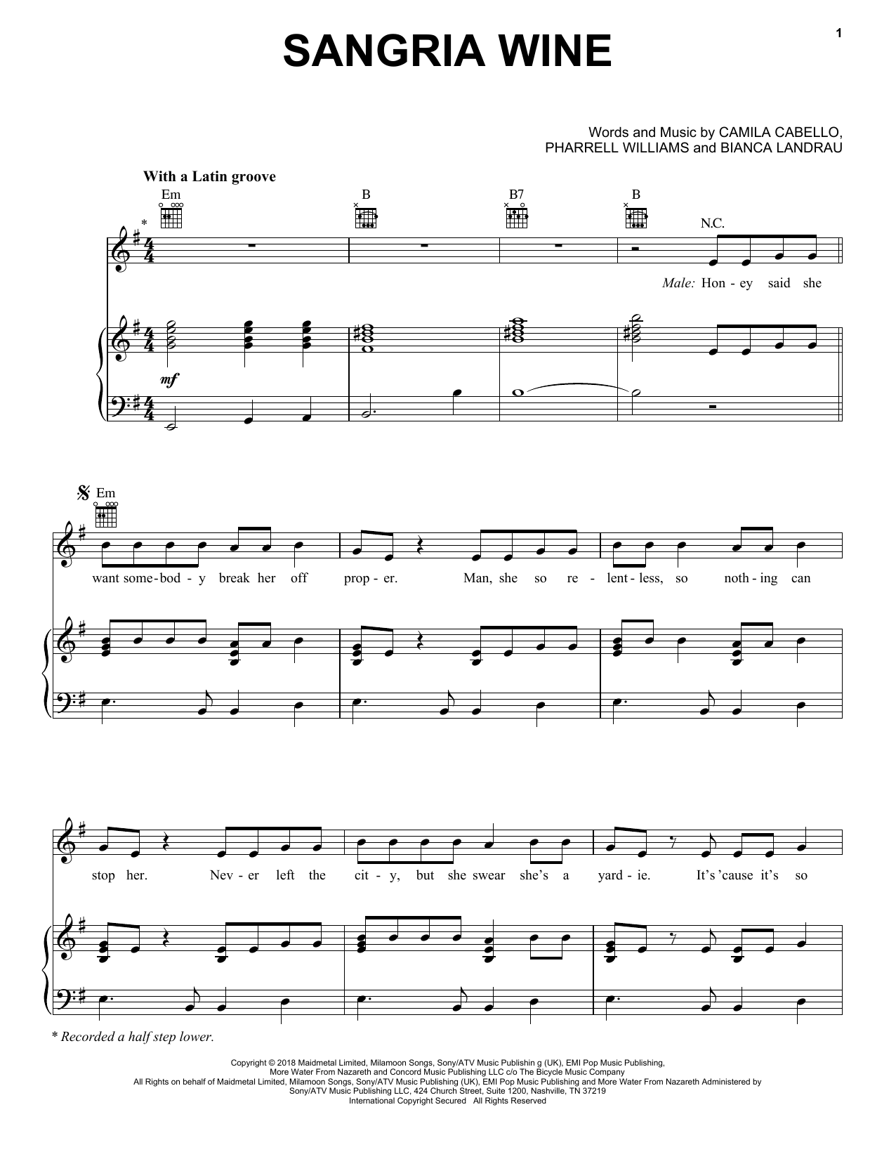 Download Camila Cabello and Pharrell Williams Sangria Wine Sheet Music and learn how to play Piano, Vocal & Guitar (Right-Hand Melody) PDF digital score in minutes