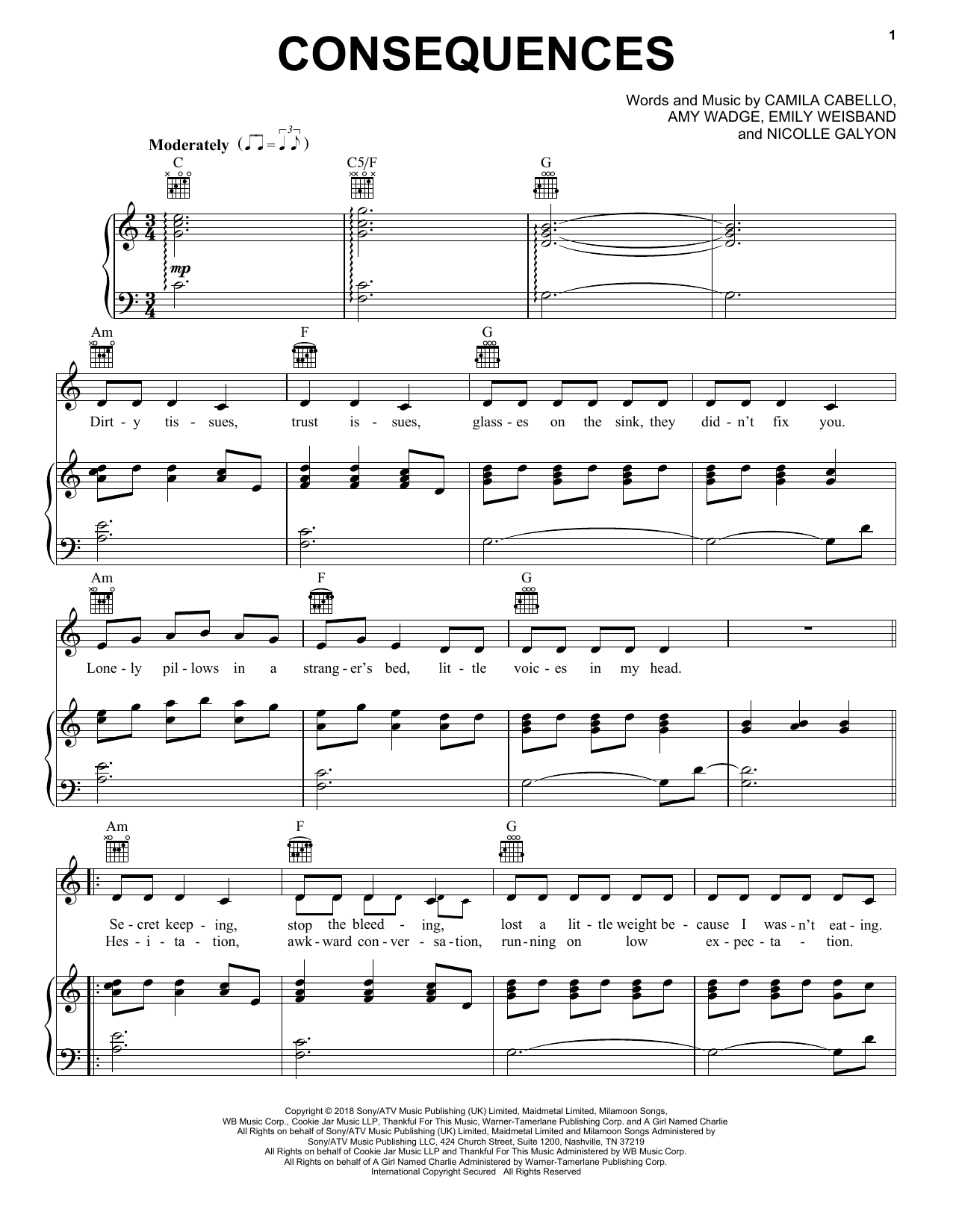 Download Camila Cabello Consequences Sheet Music and learn how to play Piano, Vocal & Guitar (Right-Hand Melody) PDF digital score in minutes