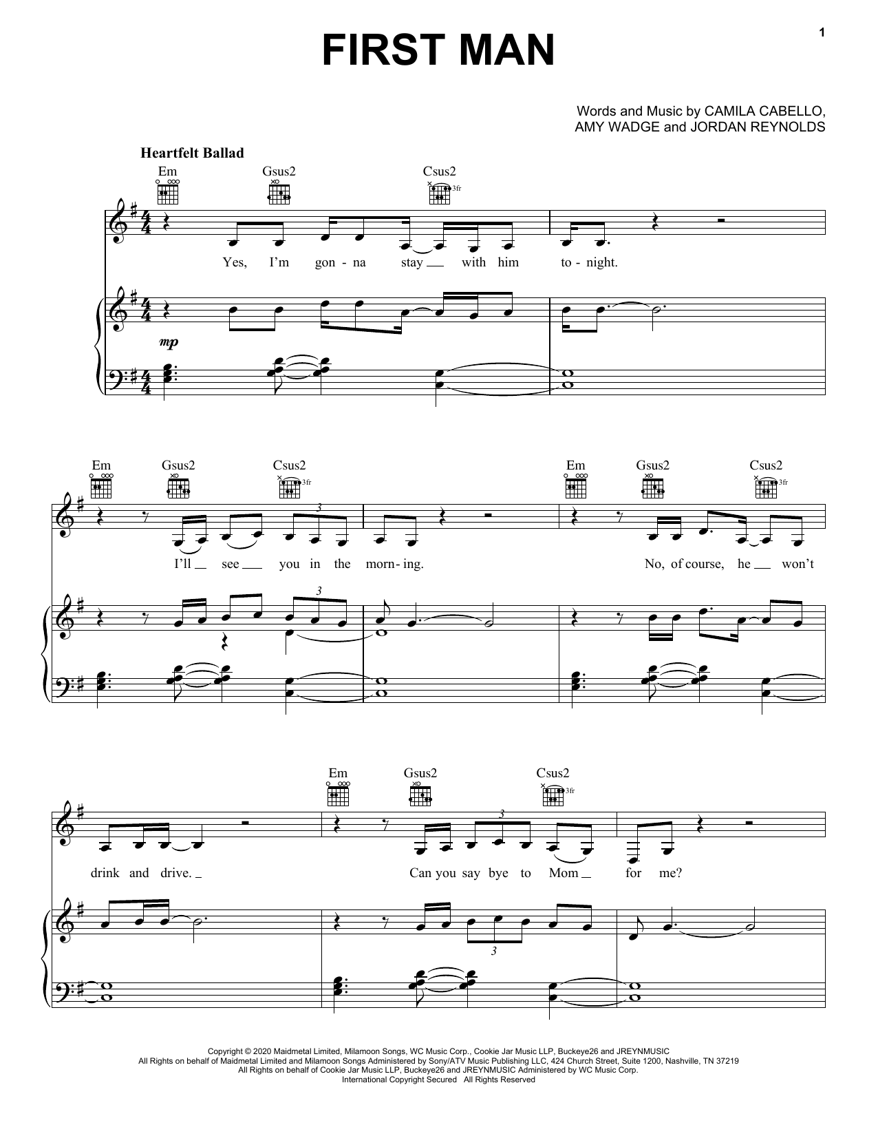 Download Camila Cabello First Man Sheet Music and learn how to play Piano, Vocal & Guitar Chords (Right-Hand Melody) PDF digital score in minutes