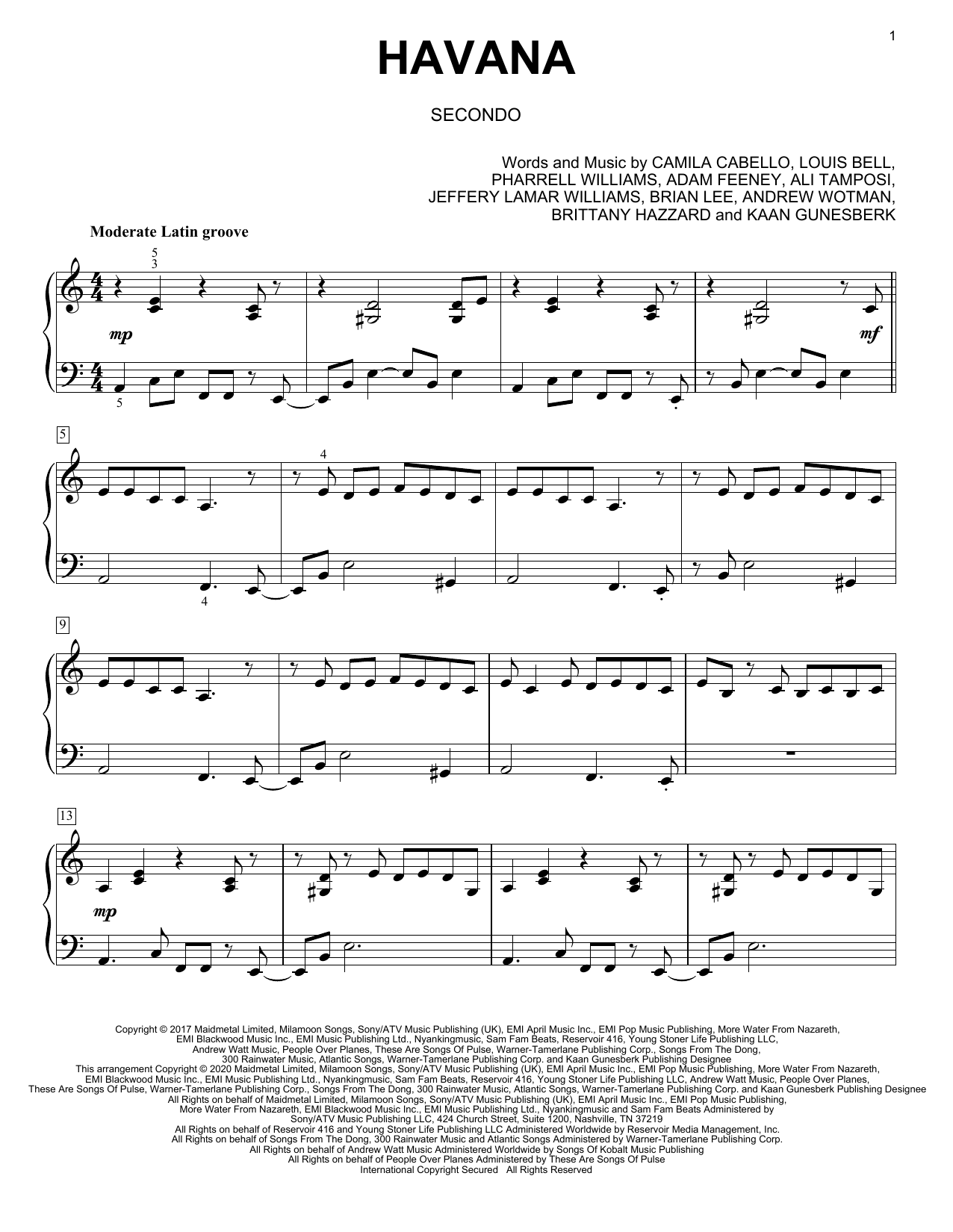 Download Camila Cabello Havana (feat. Young Thug) (arr. David Pearl) Sheet Music and learn how to play Piano Duet PDF digital score in minutes