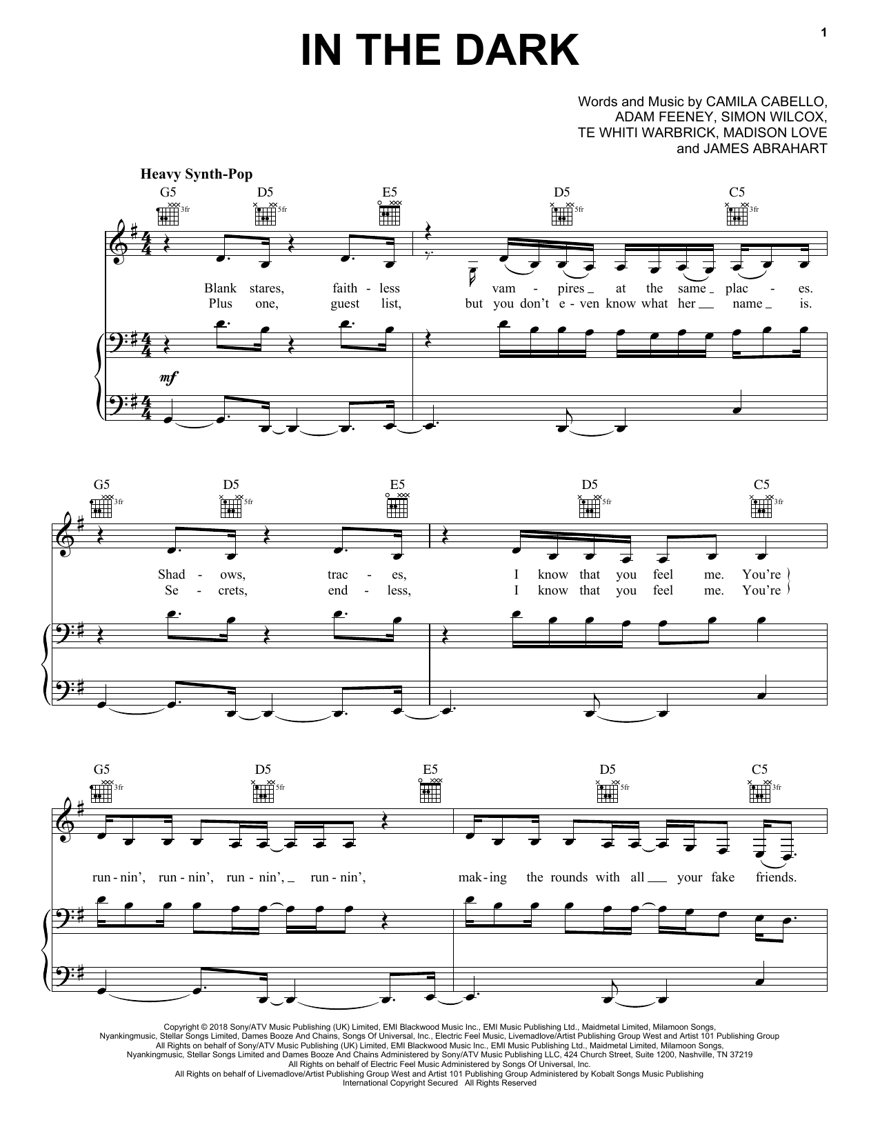 Download Camila Cabello In The Dark Sheet Music and learn how to play Piano, Vocal & Guitar (Right-Hand Melody) PDF digital score in minutes