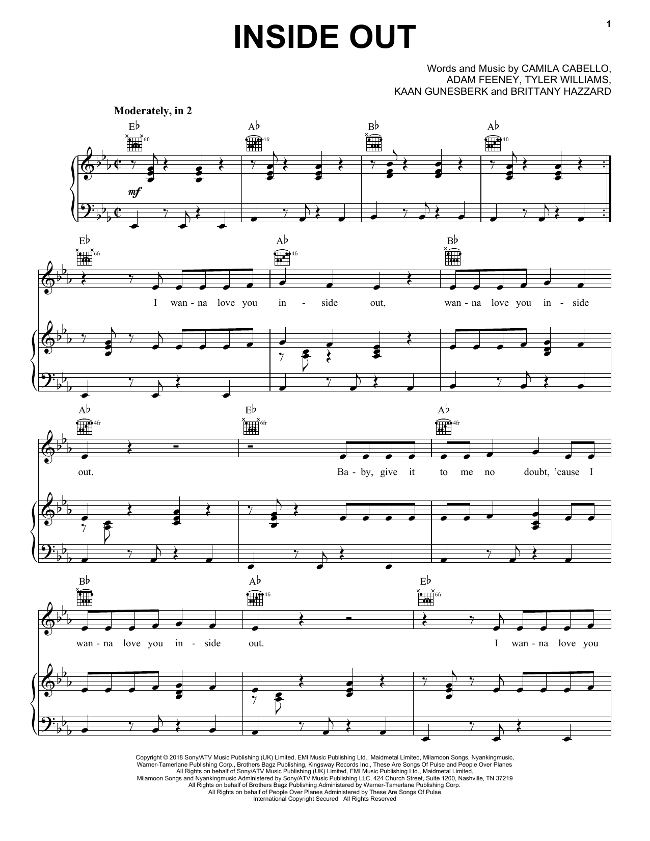 Download Camila Cabello Inside Out Sheet Music and learn how to play Piano, Vocal & Guitar (Right-Hand Melody) PDF digital score in minutes
