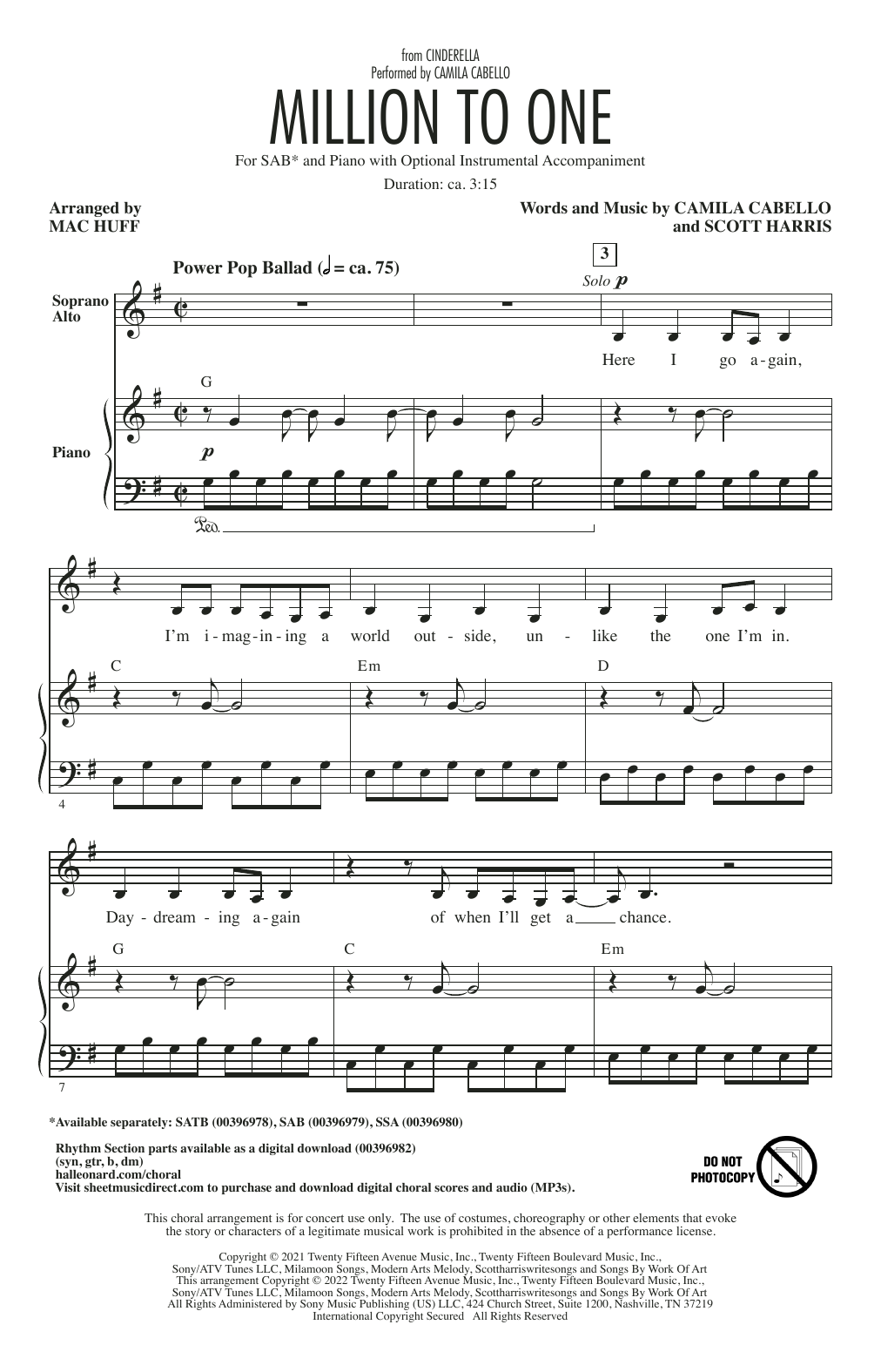 Download Camila Cabello Million To One (from the Amazon Original Movie Cinderella) (arr. Mac Huff) Sheet Music and learn how to play SSA Choir PDF digital score in minutes