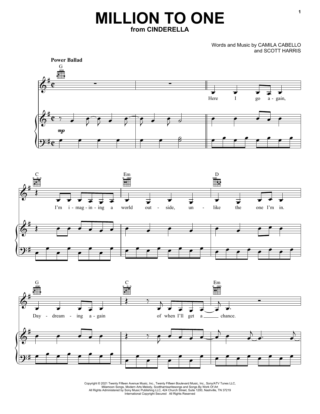 Download Camila Cabello Million To One (from the Amazon Original Movie Cinderella) Sheet Music and learn how to play Piano, Vocal & Guitar Chords (Right-Hand Melody) PDF digital score in minutes