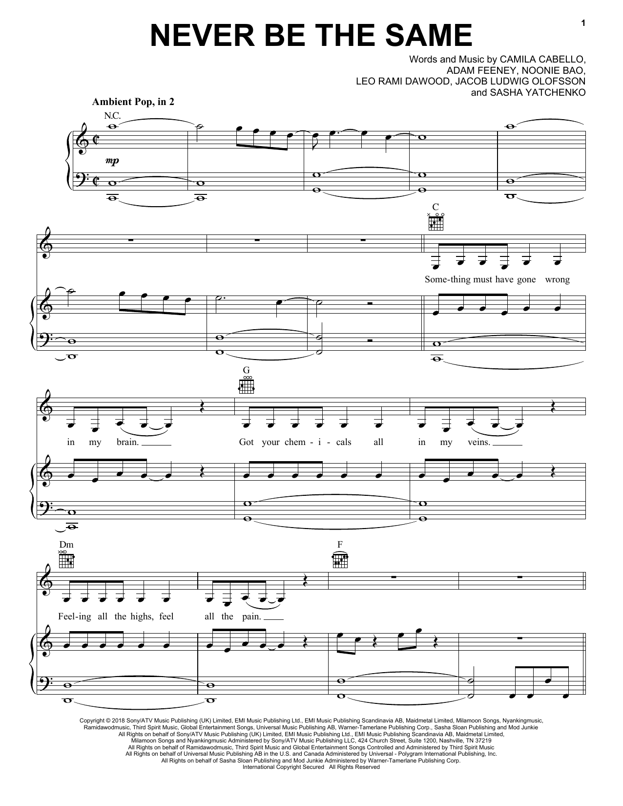 Download Camila Cabello Never Be The Same Sheet Music and learn how to play Big Note Piano PDF digital score in minutes