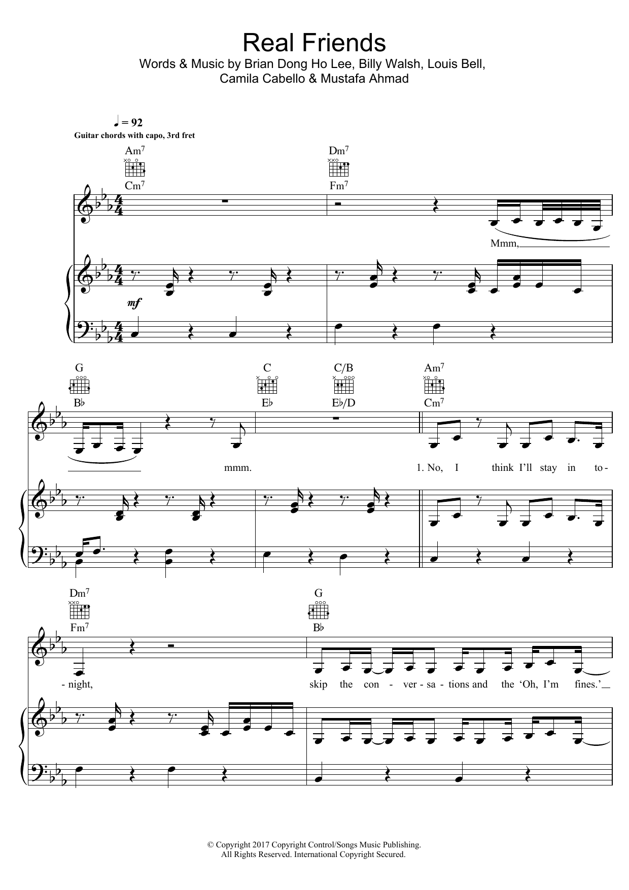 Download Camila Cabello Real Friends Sheet Music and learn how to play Piano, Vocal & Guitar (Right-Hand Melody) PDF digital score in minutes