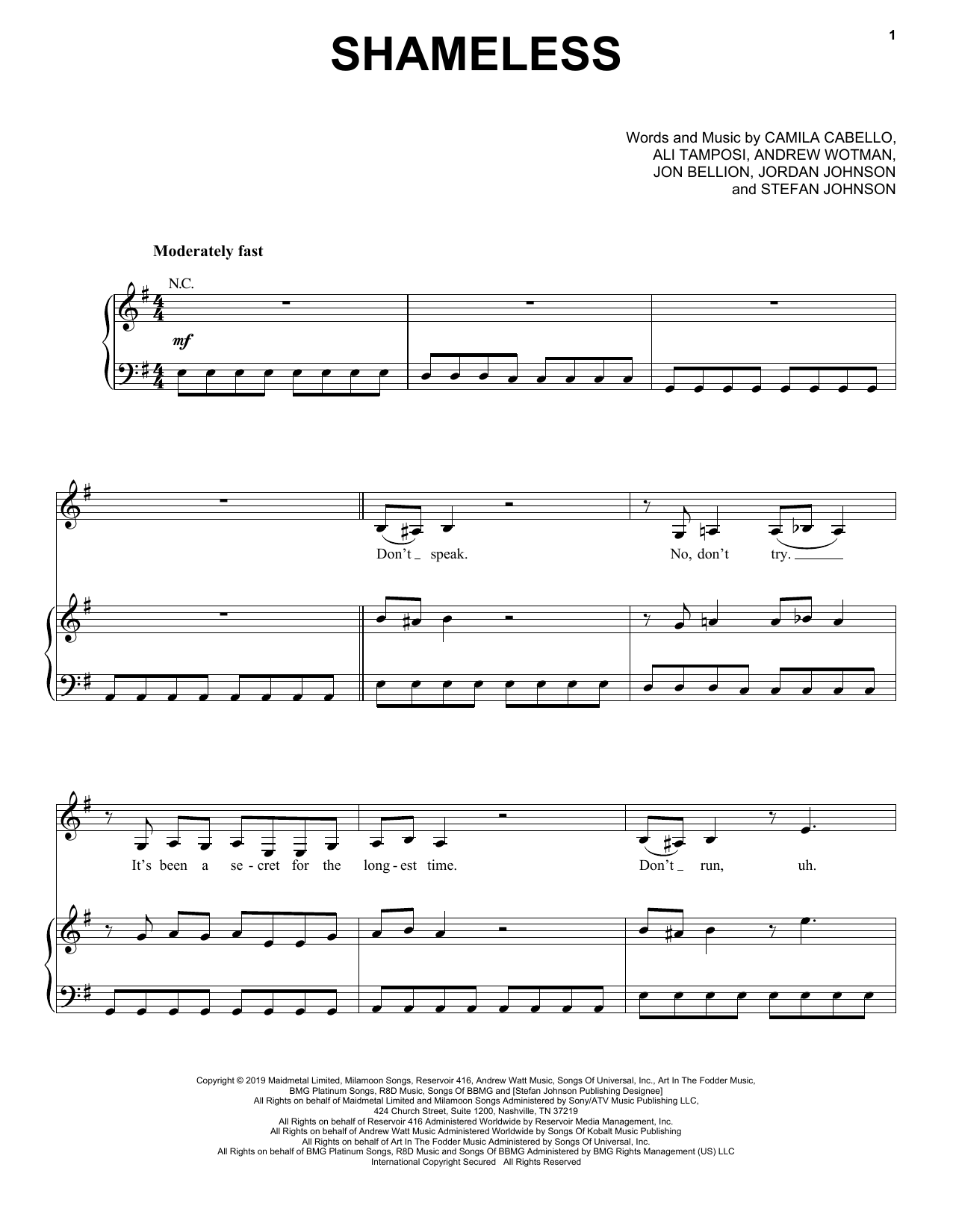 Download Camila Cabello Shameless Sheet Music and learn how to play Piano, Vocal & Guitar Chords (Right-Hand Melody) PDF digital score in minutes