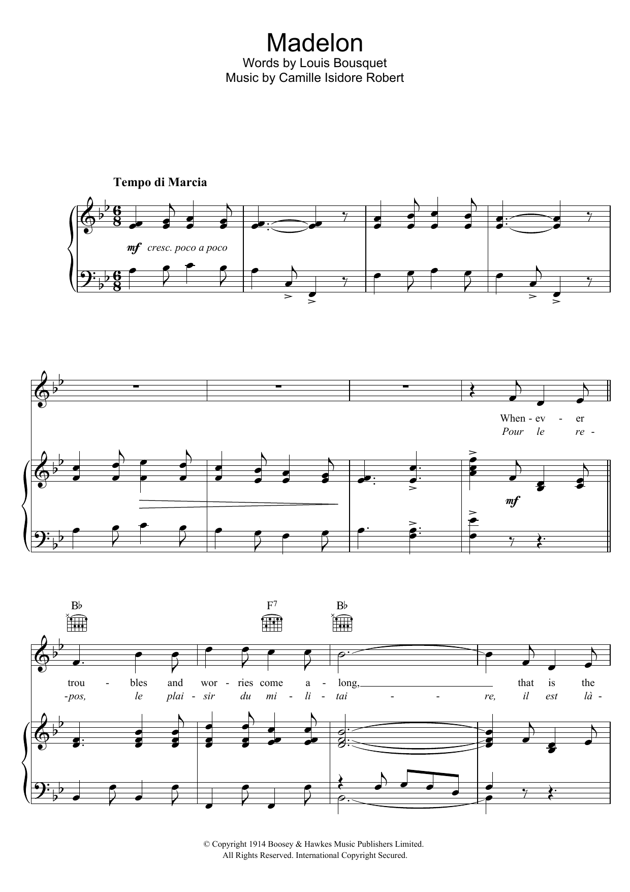 Download Camille Isidore Robert Quand Madelon Sheet Music and learn how to play Piano, Vocal & Guitar (Right-Hand Melody) PDF digital score in minutes