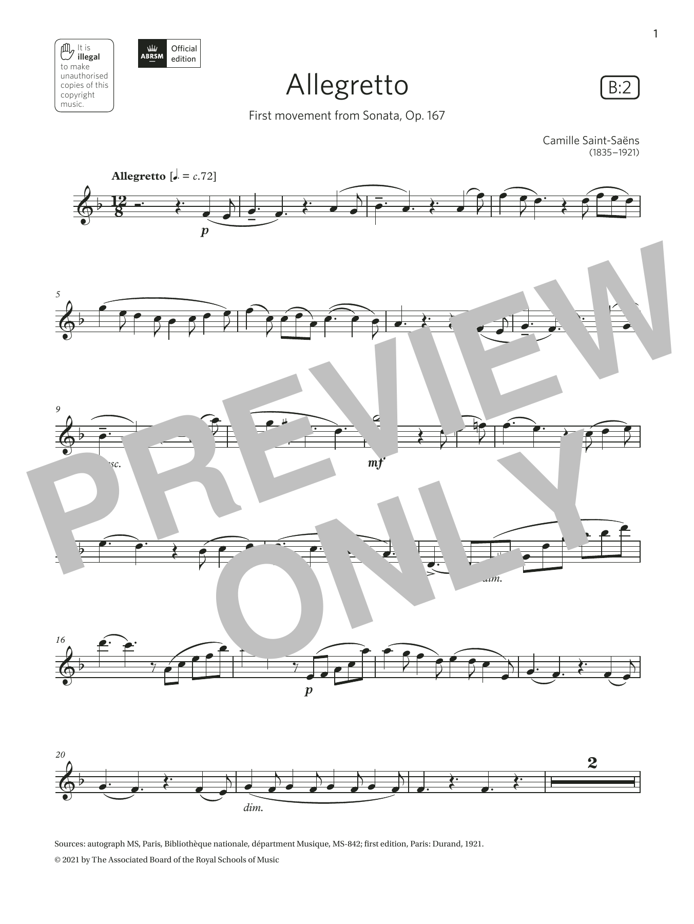 Download Camille Saint-Saens Allegretto (from Sonata, Op. 167) (Grade 7 List B2 from the ABRSM Clarinet sylla Sheet Music and learn how to play Clarinet Solo PDF digital score in minutes