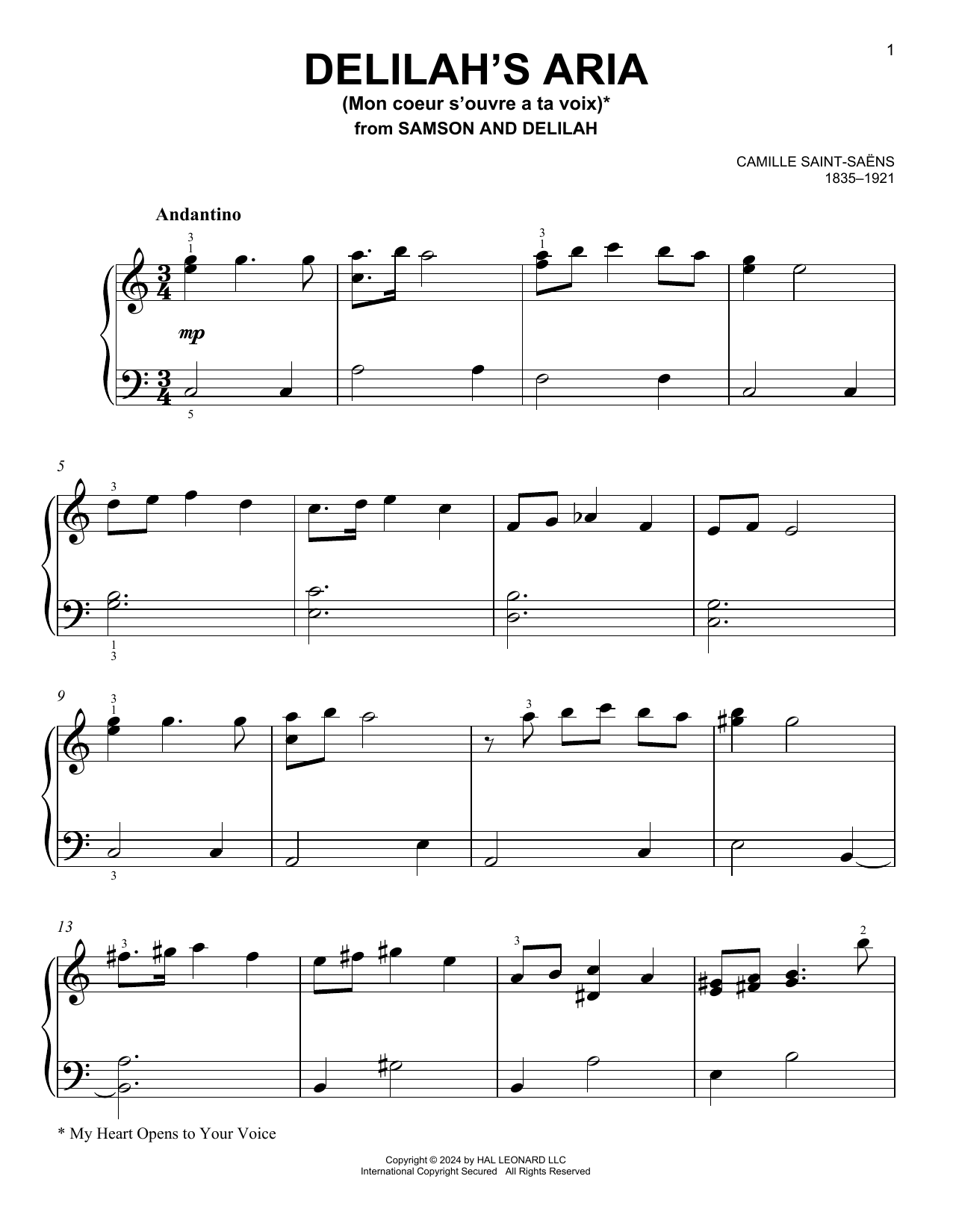 Download Camille Saint-Saens Delilah's Aria (Mon Coeur S'Ouvre A Ta Voix) Sheet Music and learn how to play Piano Solo PDF digital score in minutes