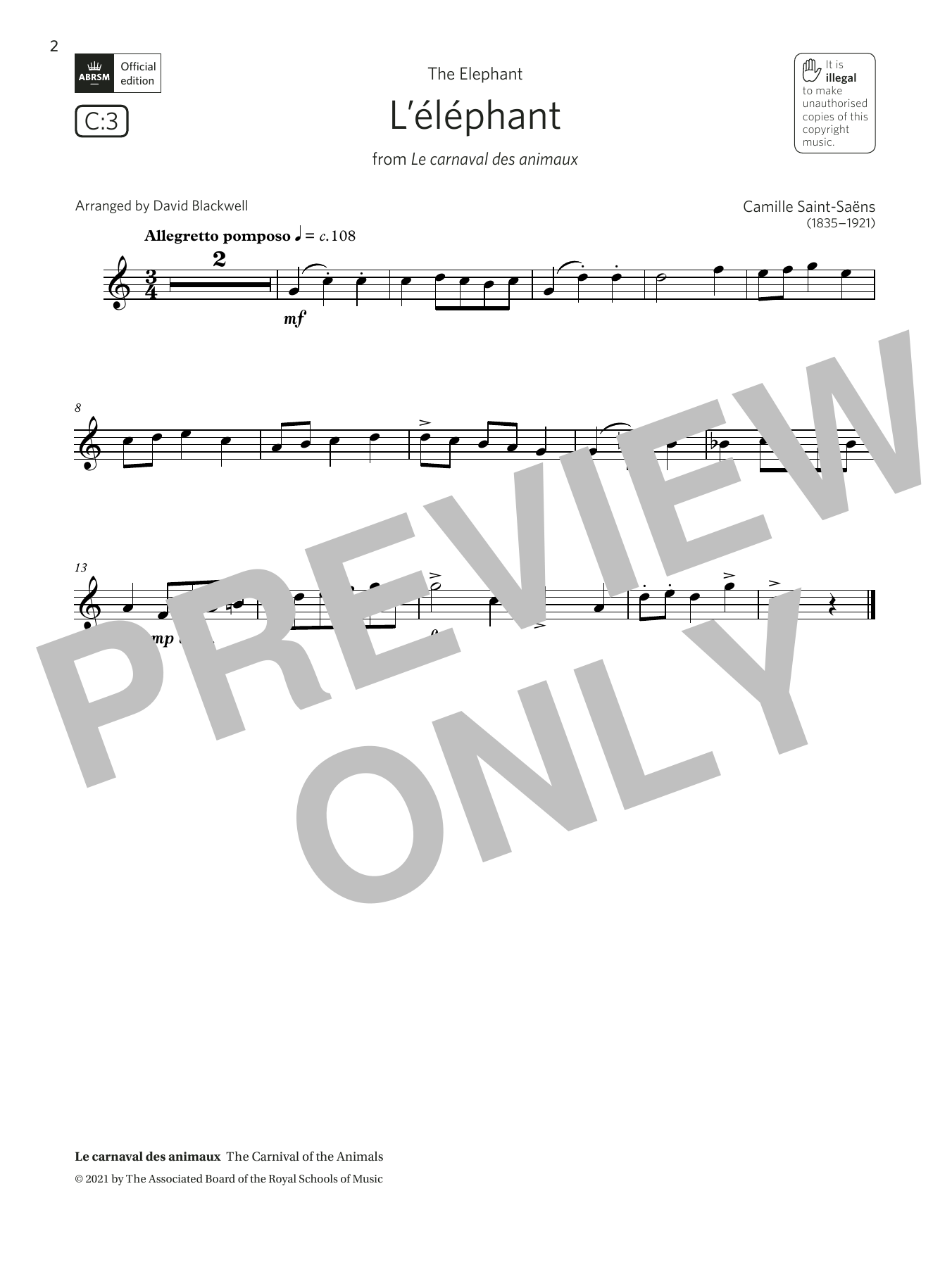 Download Camille Saint-Saens L'éléphant (from Le carnaval des animaux) (Grade 1 C3 from the ABRSM Saxophone Sheet Music and learn how to play Alto Sax Solo PDF digital score in minutes