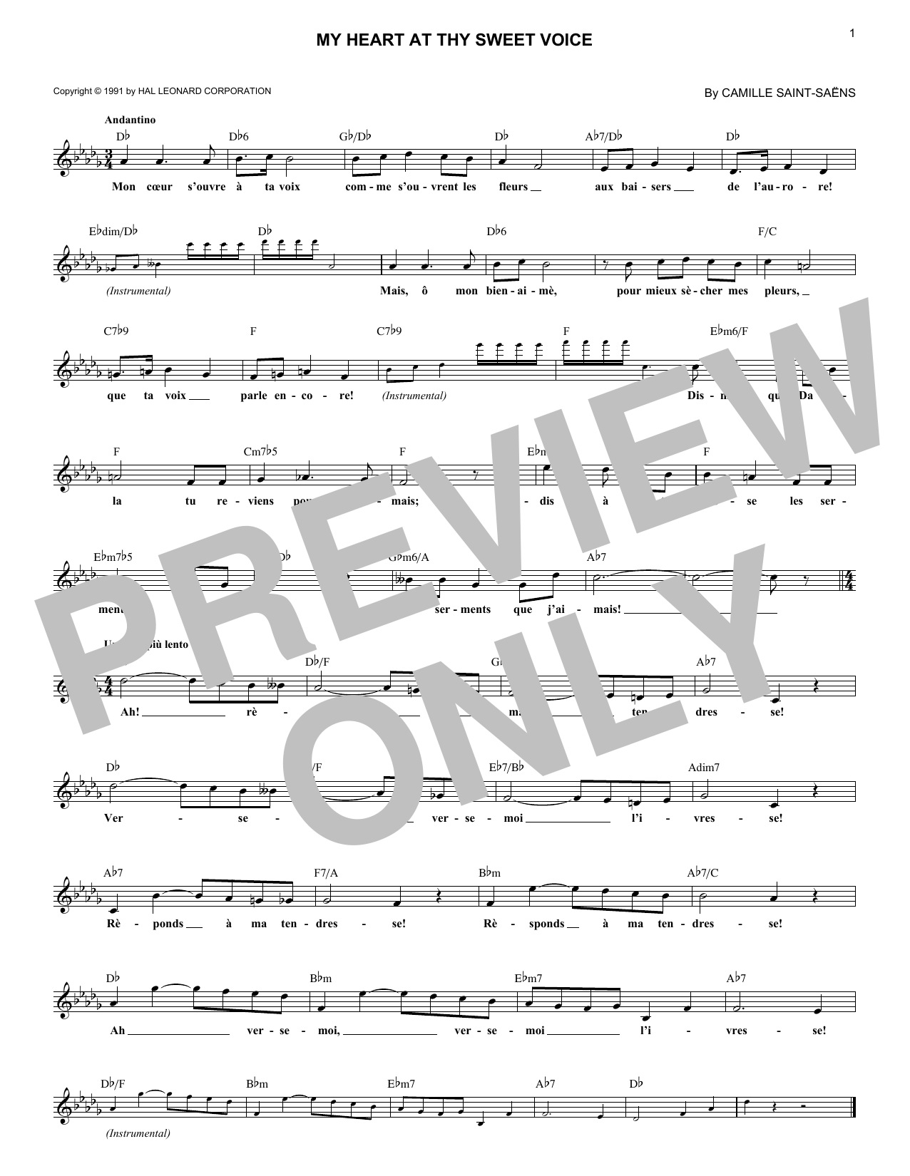 Download Camille Saint-Saens My Heart At Thy Sweet Voice Sheet Music and learn how to play Lead Sheet / Fake Book PDF digital score in minutes