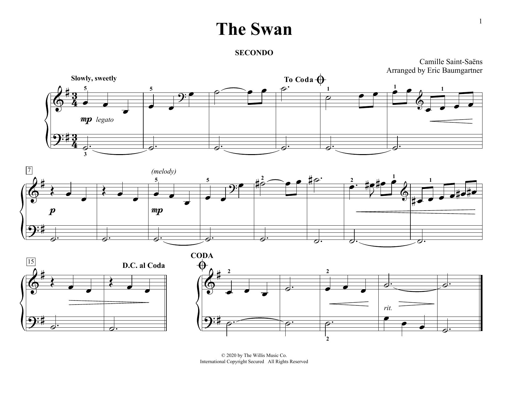 Download Camille Saint-Saens The Swan (arr. Eric Baumgartner) Sheet Music and learn how to play Piano Duet PDF digital score in minutes