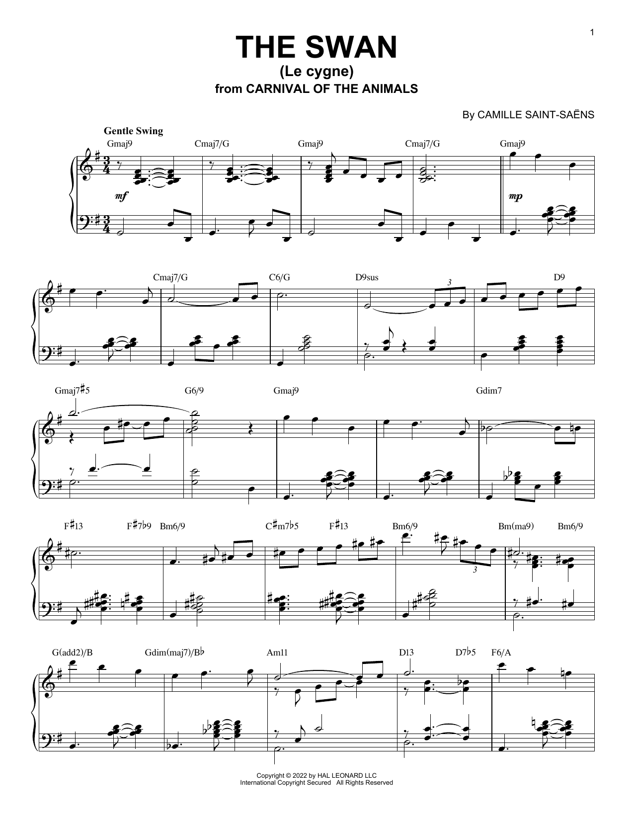 Download Camille Saint-Saens The Swan (Le Cygne) [Jazz version] (arr. Brent Edstrom) Sheet Music and learn how to play Piano Solo PDF digital score in minutes