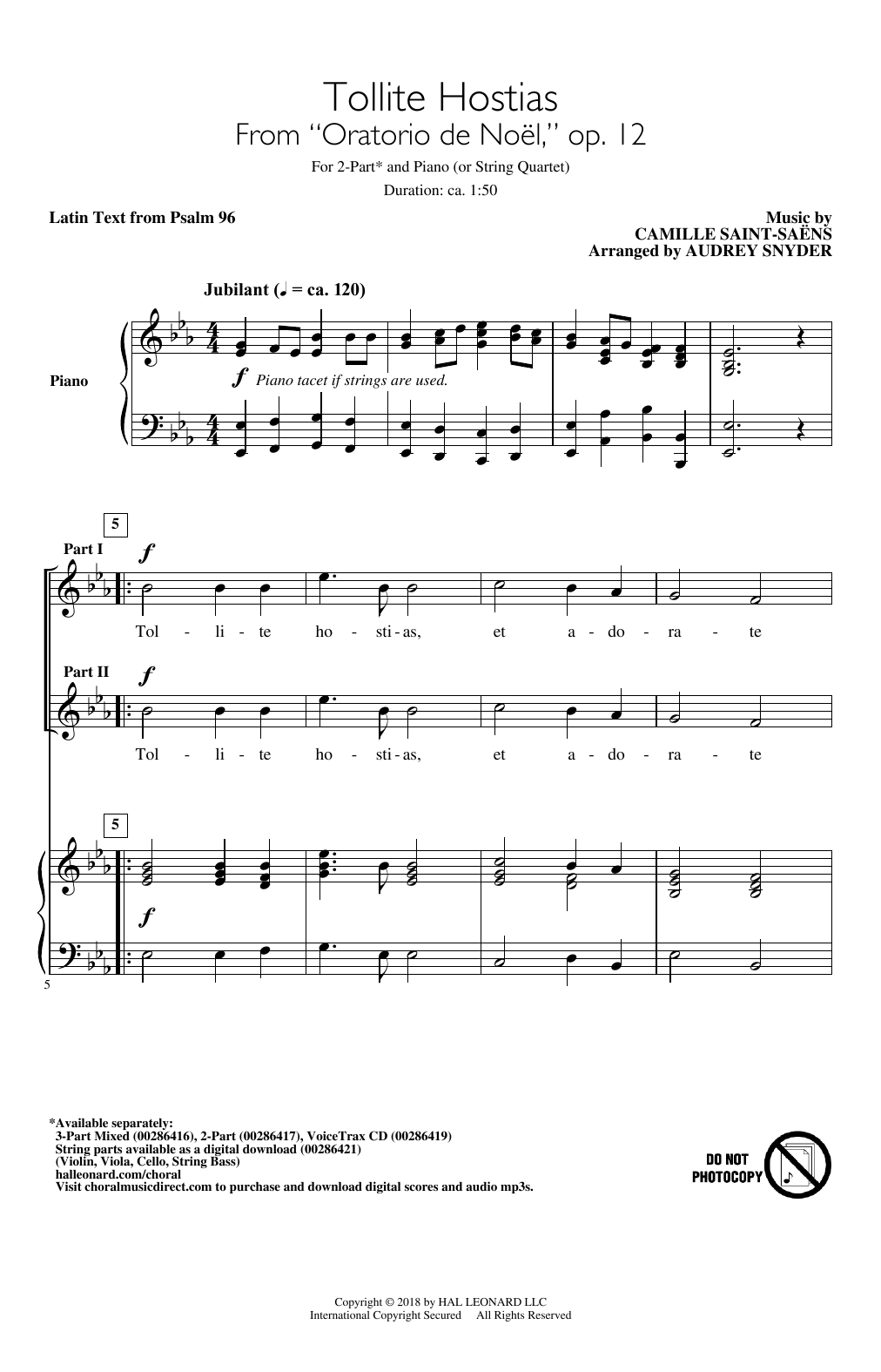 Download Camille Saint-Saens Tollite Hostias (arr. Audrey Snyder) Sheet Music and learn how to play 2-Part Choir PDF digital score in minutes