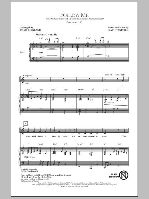 Download Camp Kirkland Follow Me Sheet Music and learn how to play SATB Choir PDF digital score in minutes