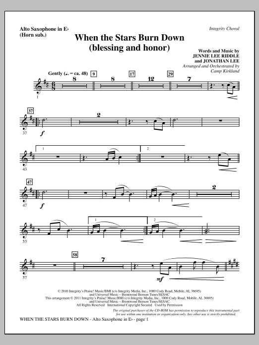 Download Camp Kirkland When The Stars Burn Down (Blessing And Honor) - Alto Sax (sub. Horn) Sheet Music and learn how to play Choir Instrumental Pak PDF digital score in minutes